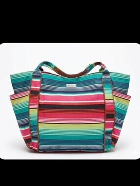 Roxy Multicolor Red Blue Teal Striped Beach Satchel Tote Bag, Medium